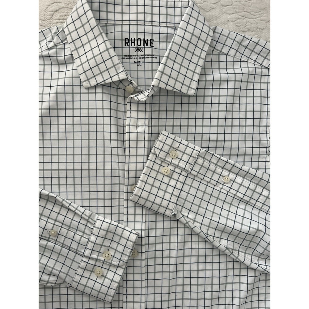 Rhone Commuter Shirt Mens L Slim Fit White Blue Windowpane Check Stretch